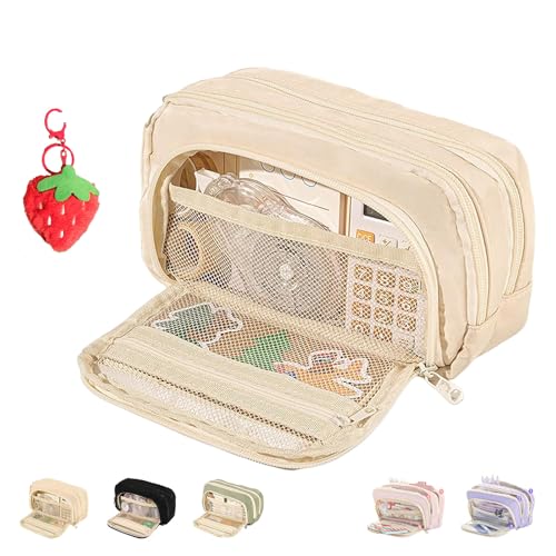 Big Capacity Pencil Case, 3 Compartments Large Capacity Pencils Pouch, Simple Pencil Holder Pouch Pencils Pouchs Organizer Pen Cases, Pen Bag Pencil Box Holder Organizer (Beige) von NNBWLMAEE