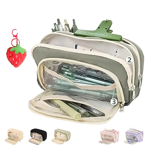 Big Capacity Pencil Case, 3 Compartments Large Capacity Pencils Pouch, Simple Pencil Holder Pouch Pencils Pouchs Organizer Pen Cases, Pen Bag Pencil Box Holder Organizer (Green) von NNBWLMAEE