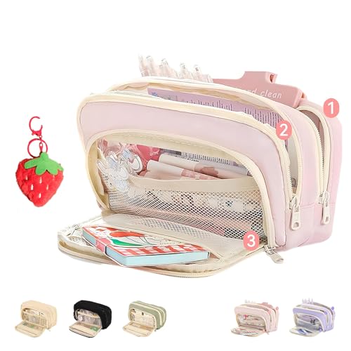 Big Capacity Pencil Case, 3 Compartments Large Capacity Pencils Pouch, Simple Pencil Holder Pouch Pencils Pouchs Organizer Pen Cases, Pen Bag Pencil Box Holder Organizer (Pink) von NNBWLMAEE