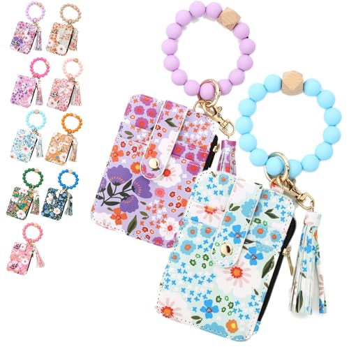 Bohos Style Beaded Tassel Keychain Wallet, Women's Bohos Beaded Wallet with Flower Pattern, Lightweight Wristlet for Women Travel and Everyday Use (2PCS-2) von NNBWLMAEE