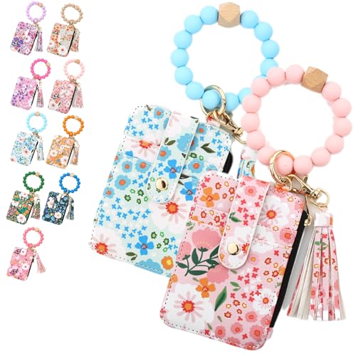 Bohos Style Beaded Tassel Keychain Wallet, Women's Bohos Beaded Wallet with Flower Pattern, Lightweight Wristlet for Women Travel and Everyday Use (2PCS-4) von NNBWLMAEE