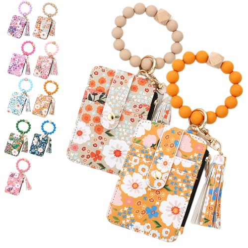 Bohos Style Beaded Tassel Keychain Wallet, Women's Bohos Beaded Wallet with Flower Pattern, Lightweight Wristlet for Women Travel and Everyday Use (2PCS-5) von NNBWLMAEE