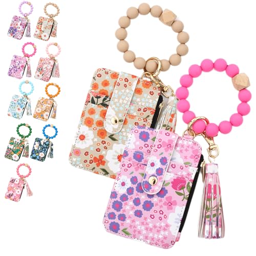 Bohos Style Beaded Tassel Keychain Wallet, Women's Bohos Beaded Wallet with Flower Pattern, Lightweight Wristlet for Women Travel and Everyday Use (2PCS-6) von NNBWLMAEE