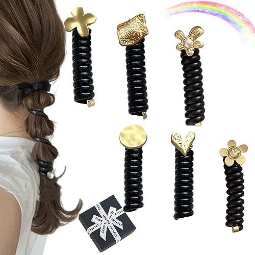 Bowknot Braided Telephone Wire Hair Bands, Straight Spiral Hair Ties Phone Cord with Pearl, Elastic Twisty Braid Headband, Ponytail Holder Hair Rope Accessories (6PCS) von NNBWLMAEE