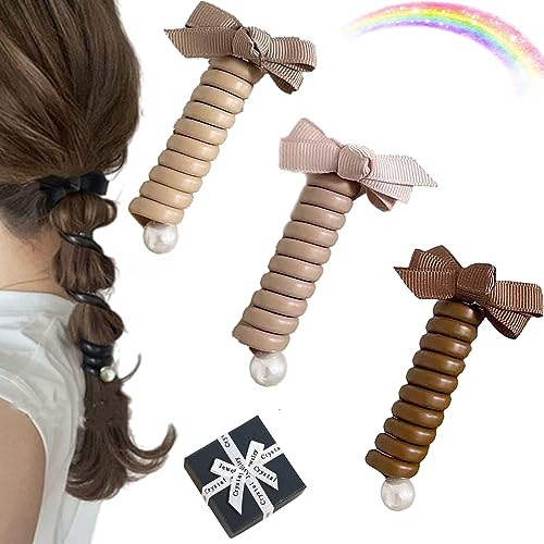 Bowknot Braided Telephone Wire Hair Bands, Straight Spiral Hair Ties Phone Cord with Pearl, Elastic Twisty Braid Headband, Ponytail Holder Hair Rope Accessories (7#) von NNBWLMAEE