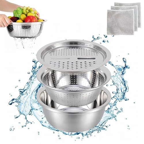 Germany Multifunctional Stainless Steel Basin, 2024 New Multifunctional Stainless Steel Basin, 3 In 1 Grater Colander Strainer Set, Cheese Grater Salad Maker Bowl Drain Basin (11.02in) von NNBWLMAEE