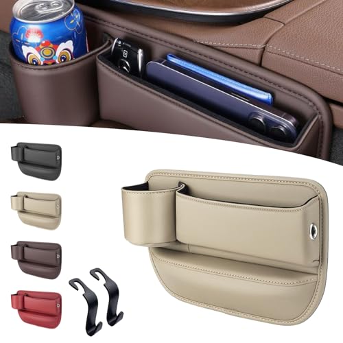 NNBWLMAEE Car Leather Cup Holder Gap Bag, Seat Gap Storage Box, Leather Car Seat Storage Box with Water Cup Holder, Leather Cup Holder Gap Bag for Phones Glasses Keys Cards (Driver's Seat,Beige) von NNBWLMAEE