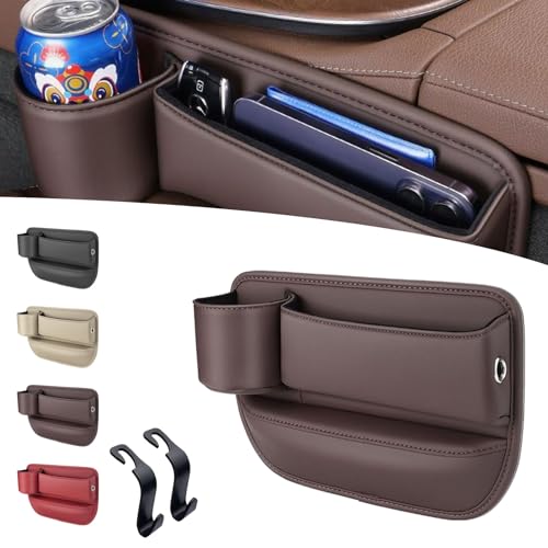 NNBWLMAEE Car Leather Cup Holder Gap Bag, Seat Gap Storage Box, Leather Car Seat Storage Box with Water Cup Holder, Leather Cup Holder Gap Bag for Phones Glasses Keys Cards (Driver's Seat,Brown) von NNBWLMAEE