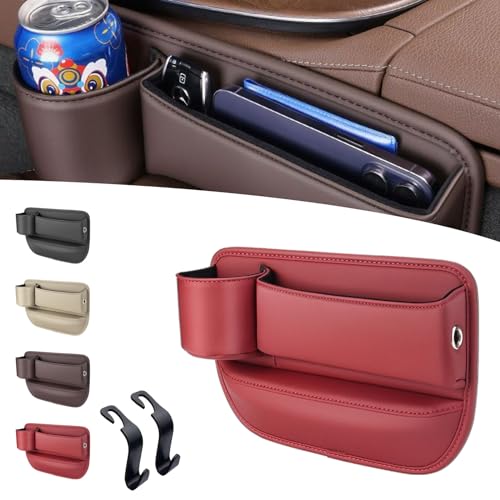 NNBWLMAEE Car Leather Cup Holder Gap Bag, Seat Gap Storage Box, Leather Car Seat Storage Box with Water Cup Holder, Leather Cup Holder Gap Bag for Phones Glasses Keys Cards (Driver's Seat,Red) von NNBWLMAEE