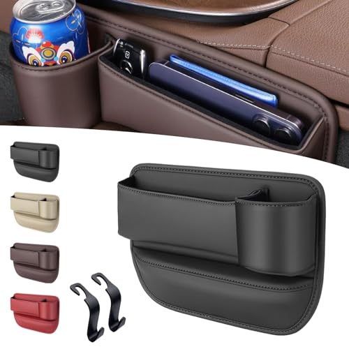 NNBWLMAEE Car Leather Cup Holder Gap Bag, Seat Gap Storage Box, Leather Car Seat Storage Box with Water Cup Holder, Leather Cup Holder Gap Bag for Phones Glasses Keys Cards (Passenger Seat,Black) von NNBWLMAEE