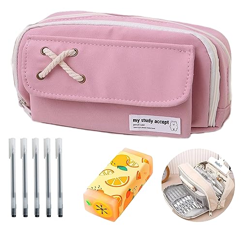 NNBWLMAEE Cute Pencil Case Kawaii Pencil Case 3 Layers Large Capacity Simple Foldable Pencil Pouch Marker Case Holder Pen Bag Aesthetic Zipper Pen Holder Organizer Bag (Pink) von NNBWLMAEE