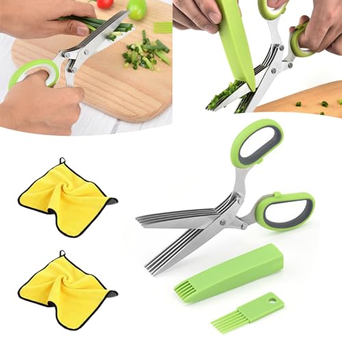 NNBWLMAEE Five Blade Kitchen Salad Scissors, 5 Blade Kitchen Salad Scissors Stainless Steel, Herb Cutter Scissors with 5 Blades and Cover, Kitchen Salad Scissors (Green Gray) von NNBWLMAEE