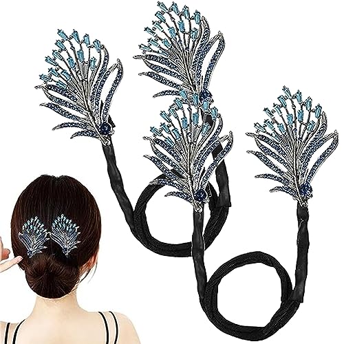 Rhinestone Flower Hair Clip, 2023 New Whale Tail Rhinestone Flower Hair Clip, Lazy Hair Curler Deft Bun Maker, Ocean Blue Feather Hairpin for Long Thick Hair Accessories for Women Girls (2pcs Feather) von NNBWLMAEE