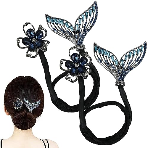 Rhinestone Flower Hair Clip, 2023 New Whale Tail Rhinestone Flower Hair Clip, Lazy Hair Curler Deft Bun Maker, Ocean Blue Feather Hairpin for Long Thick Hair Accessories for Women Girls von NNBWLMAEE