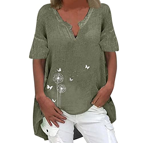 Leinenbluse Damen Kurzarm Bluse Damen Sommer Tunika V-Ausschnitt Große Größen Blusenshirt Damen Langarmshirt Leinen Baumwolle Hemd Oberteile Druck Shirt von NNGOTD