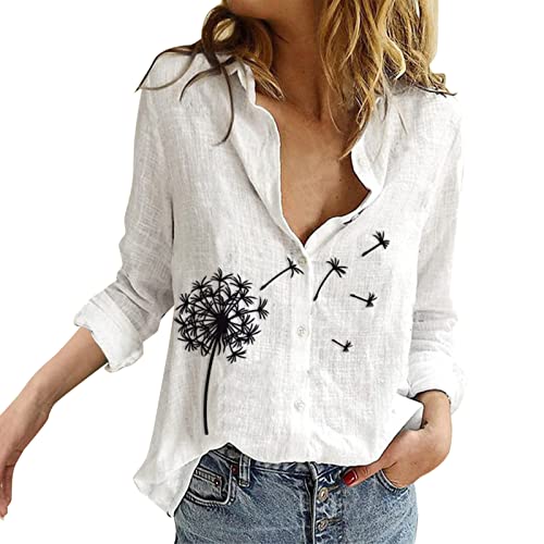 Longbluse Damen weiß Sweatshirt Damen Pullover Rundhals Langarmshirt Dandelion Baumwolle Bedrucktes Oberteil Tops Herbst Freizeit T-Shirts Bluse Casual Lose Sun Flower Printed Pulli Oberteile M von NNGOTD
