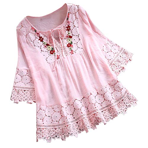 Longshirt Damen Kurzarm Casual V-Ausschnitt Lose Shirt Baumwolle Bluse Tops Blusen Damen Elegant Festlich Damenblusen Kurzarm Sexy Kleidung Teenager Mädchen(Oberteile Damen Pink,XL) von NNGOTD