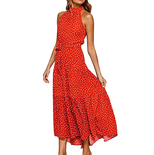 Multi Color Hanging Neck Wave Dot Printed Schnürkleid Langer Rock Damen Casual Rock 3 Weite Kleider (Red, M) von NNGOTD