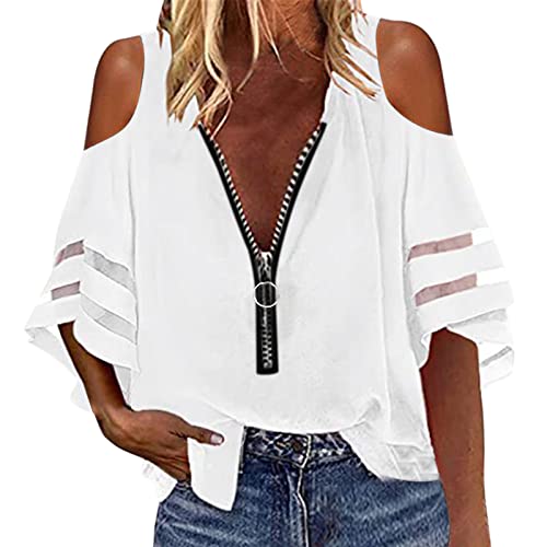 NNGOTD Bluse Tunika Made in Italy Damen Herbst Langarm T-Shirt Reißverschluss V-Ausschnitt Bluse Cold Shoulder Oberteil mit Blumenmuster Aufdruck Casual Tunika Shirt Top S von NNGOTD