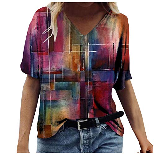 Pullover Damen Oversized T-Shirt Damen Farbblock Kurzarm Shirt Gedruckt V-Ausschnitt Sexy Blusen mit Spitze, Female Tasten Sommer Eleganter Casual Langarm Tshirt Sweatshirt Oberteile Bluse von NNGOTD