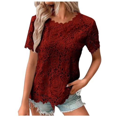 T-Shirt Damen Damen-T-Shirt mit Flügelärmeln Sommer-Tanktop schlicht lässig lockere Passform Blusen Ragwear Shirt Damen Hemdbluse Damen Basic Top Damen(Blusen Damen Weinrot,L) von NNGOTD