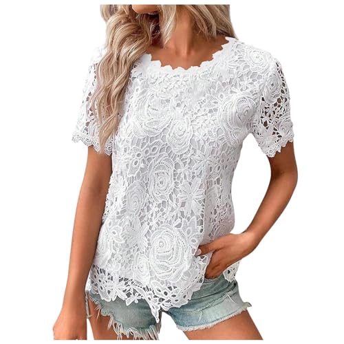 Tshirt Damen Oversize Top Elegant Kurzarm Gerippt mit Rundhals/Eckigem Ausschnitt in Schmaler Passform Oberteile Sommer Basic Shirts Kostüm Damen Elegant Sommertops Oberteil(Blusen Damen Weiß,S) von NNGOTD