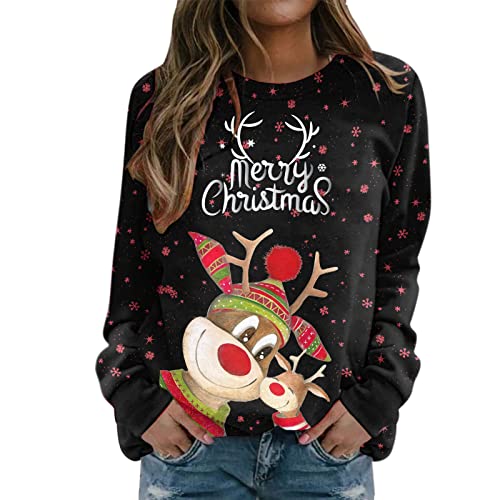 Weihnachtspulli Familie Set Damen Langarmshirts Rundhals Basic Oberteile mit Spitze Sleeves Slim Fit Einfarbig T-Shirt Oberteile Tops mit Button von NNGOTD