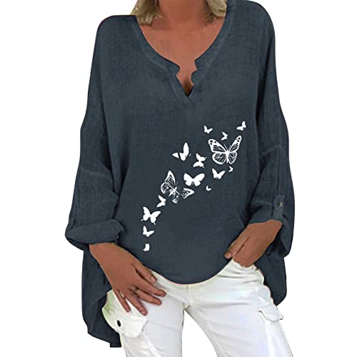 only blusen Rundhals/V-Ausschnitt Langarmshirt Damen Oberteile Einfarbige Drucken Freizeit Spitze Tuniken Lace Long Sleeve T-Shirt Women Printing Blouse Top Button Down Ladies Cotton XXL von NNGOTD