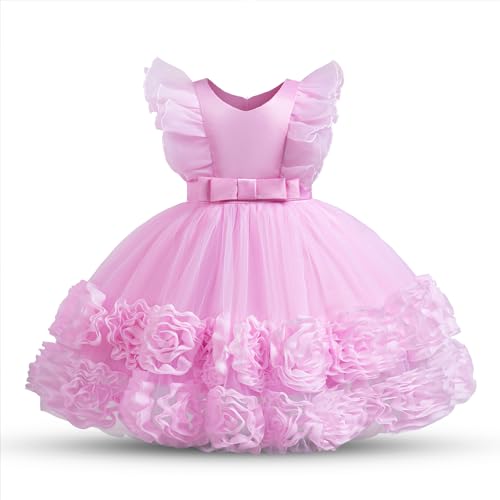 NNJXD Baby-Geburtstagsparty-Kleid Tutu Schleife Prinzessin Kleinkind Blumen-Hochzeitskleid 056 Rosa Größe (90) 12–24 Monate von NNJXD