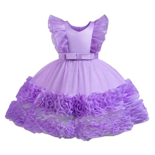 NNJXD Baby-Geburtstagsparty-Kleid Tutu Schleife Prinzessin Kleinkind Blumen-Hochzeitskleid 056 Violett Größe (90) 12–24 Monate von NNJXD