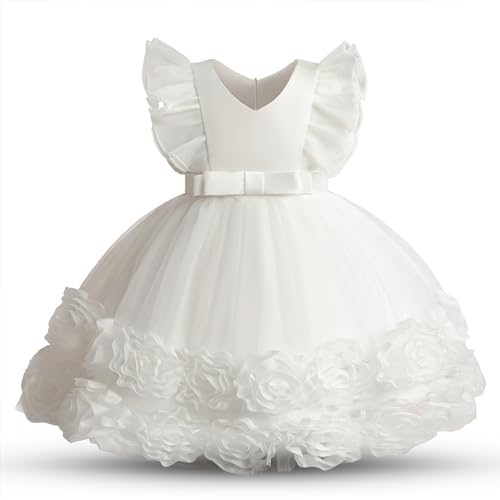 NNJXD Baby-Geburtstagsparty-Kleid Tutu Schleife Prinzessin Kleinkind Blumen-Hochzeitskleid 056 Weiß Größe (80) 6–12 Monate von NNJXD