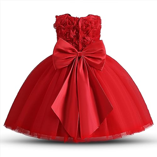 NNJXD Baby Mädchen 3D Blumen Mädchen Tutu Party Schleife Prinzessin Hochzeitskleid 2042 Rot Größe (100) 18–24 Monate von NNJXD