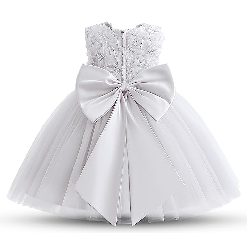 NNJXD Baby Mädchen 3D Blumen Mädchen Tutu Party Schleife Prinzessin Hochzeitskleid 2042 Weiß Größe (100) 18–24 Monate von NNJXD