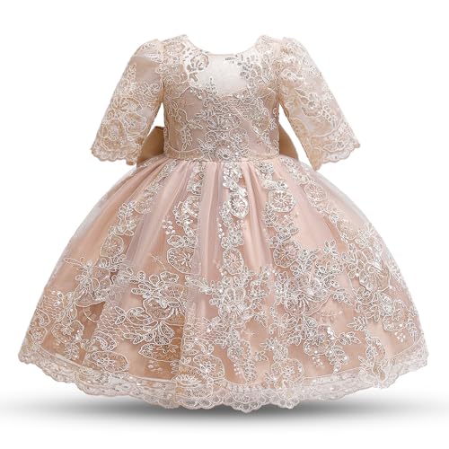 NNJXD Baby Mädchen Geburtstag Tutu Kleid Festzug Party Hochzeit Spitze Stickerei Kleid 2031 Champagner Größe(100) 2-3 Jahre von NNJXD