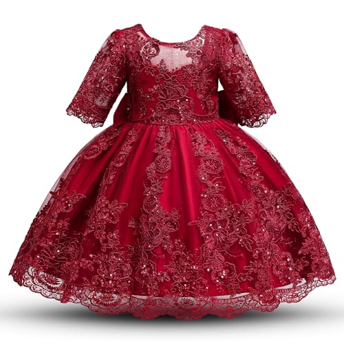 NNJXD Baby Mädchen Geburtstag Tutu Kleid Festzug Party Hochzeit Spitze Stickerei Kleid 2031 Rot Größe(100) 2-3 Jahre von NNJXD