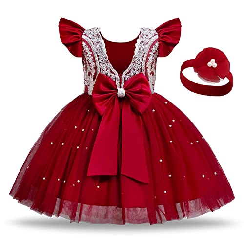 NNJXD Baby Mädchen Kleid Halfter Prinzessin Kleider Festzug Taufe Kleiner Fliegender Ärmel Perle Kleid Größe (100) 2-3 Jahre 752 Rot-A von NNJXD