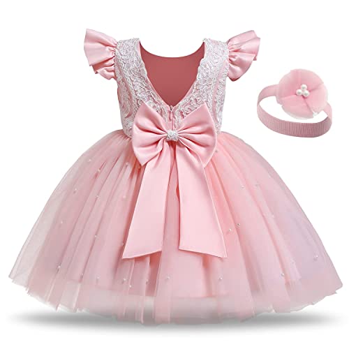 NNJXD Baby Mädchen Kleid Halfter Prinzessin Kleider Festzug Taufe Kleiner Fliegender Ärmel Perle Kleid Größe (110) 3-4 Jahre 752 Rosa-A von NNJXD