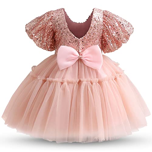 NNJXD Baby Mädchen Kleid Pailletten Party Kleider Tutu Kleinkind Mädchen Taufe Taufe Prinzessin 2002 Rosa Größe (80) 6-12 Monate von NNJXD