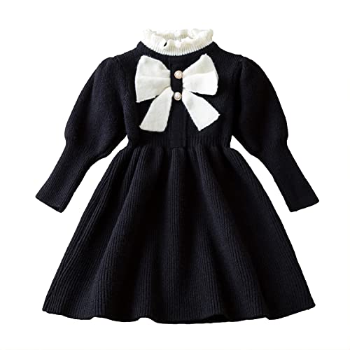 NNJXD Baby Mädchen Langarm Strickpullover Prinzessin Bowknot Kleid Freizeitkleidung 1938 Navy blau Größe (110) 3-4 Jahre von NNJXD