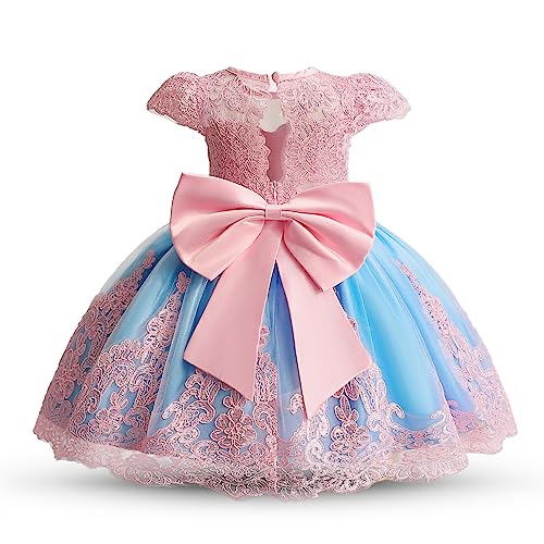 NNJXD Baby Mädchen Schleife Tutu Kleid für Kleinkinder Taufe Blumenmädchen Hochzeit Geburtstag Party Kleid 2025 Rosa & Blau Größe(100) 2-3 Jahre von NNJXD