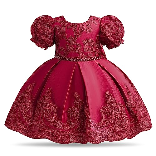 NNJXD Baby Mädchen Spitze Partykleid Taufe Bowknot Kleinkind Tutu Brautkleid 2021 Burgund Größe (100) 2-3 Jahre von NNJXD