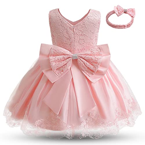 NNJXD Baby Mädchen Spitzenkleid Bowknot Blumenkleider Hochzeitswettbewerb Taufe Taufe Tutu Kleid Größe (100) 2-3 Jahre 648 Hellrosa-C von NNJXD