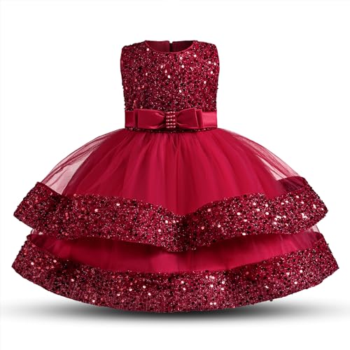 NNJXD Baby-Partykleid Tutu glänzende Pailletten Weihnachtsfeier Schleife Kleinkind-Mädchen-Hochzeitskleid 052 Burgundy Größe (100) 2–3 Jahre von NNJXD