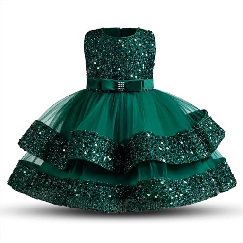 NNJXD Baby-Partykleid Tutu glänzende Pailletten Weihnachtsfeier Schleife Kleinkind-Mädchen-Hochzeitskleid 052 Grün Größe (100) 2–3 Jahre von NNJXD