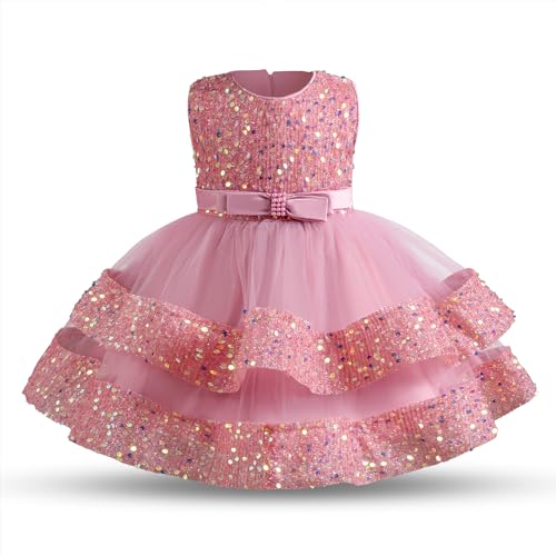 NNJXD Baby-Partykleid Tutu glänzende Pailletten Weihnachtsfeier Schleife Kleinkind-Mädchen-Hochzeitskleid 052 Rosa Größe (100) 2–3 Jahre von NNJXD