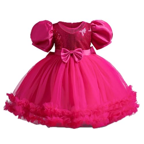 NNJXD Baby-Partykleid für Mädchen Tutu Pailletten Schleife Prinzessin Kleinkind Mädchen Hochzeitskleid 054 Heißes Rosa Größe (90) 12–24 Monate von NNJXD