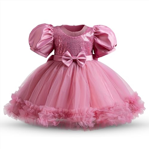 NNJXD Baby-Partykleid für Mädchen Tutu Pailletten Schleife Prinzessin Kleinkind Mädchen Hochzeitskleid 054 Rosa Größe (90) 12–24 Monate von NNJXD
