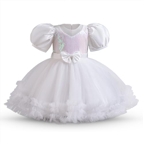 NNJXD Baby-Partykleid für Mädchen Tutu Pailletten Schleife Prinzessin Kleinkind Mädchen Hochzeitskleid 054 Weiß Größe (120) 4–5 Jahre von NNJXD