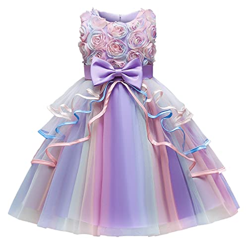 NNJXD Blume Mädchen Bunt Prinzessin Kleid Tutu Geburtstag Hochzeit Party Formelles Kleid Größe(110) 3-4 Jahre 736 Lila-A von NNJXD