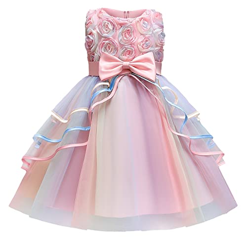 NNJXD Blume Mädchen Bunt Prinzessin Kleid Tutu Geburtstag Hochzeit Party Formelles Kleid Größe(110) 3-4 Jahre 736 Rosa-A von NNJXD